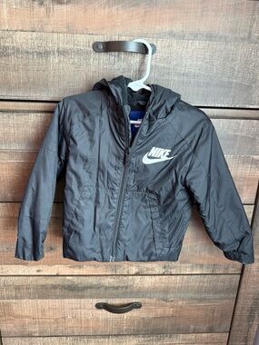 Nike Kids Black Hooded Puffer Jacket with White Swoosh